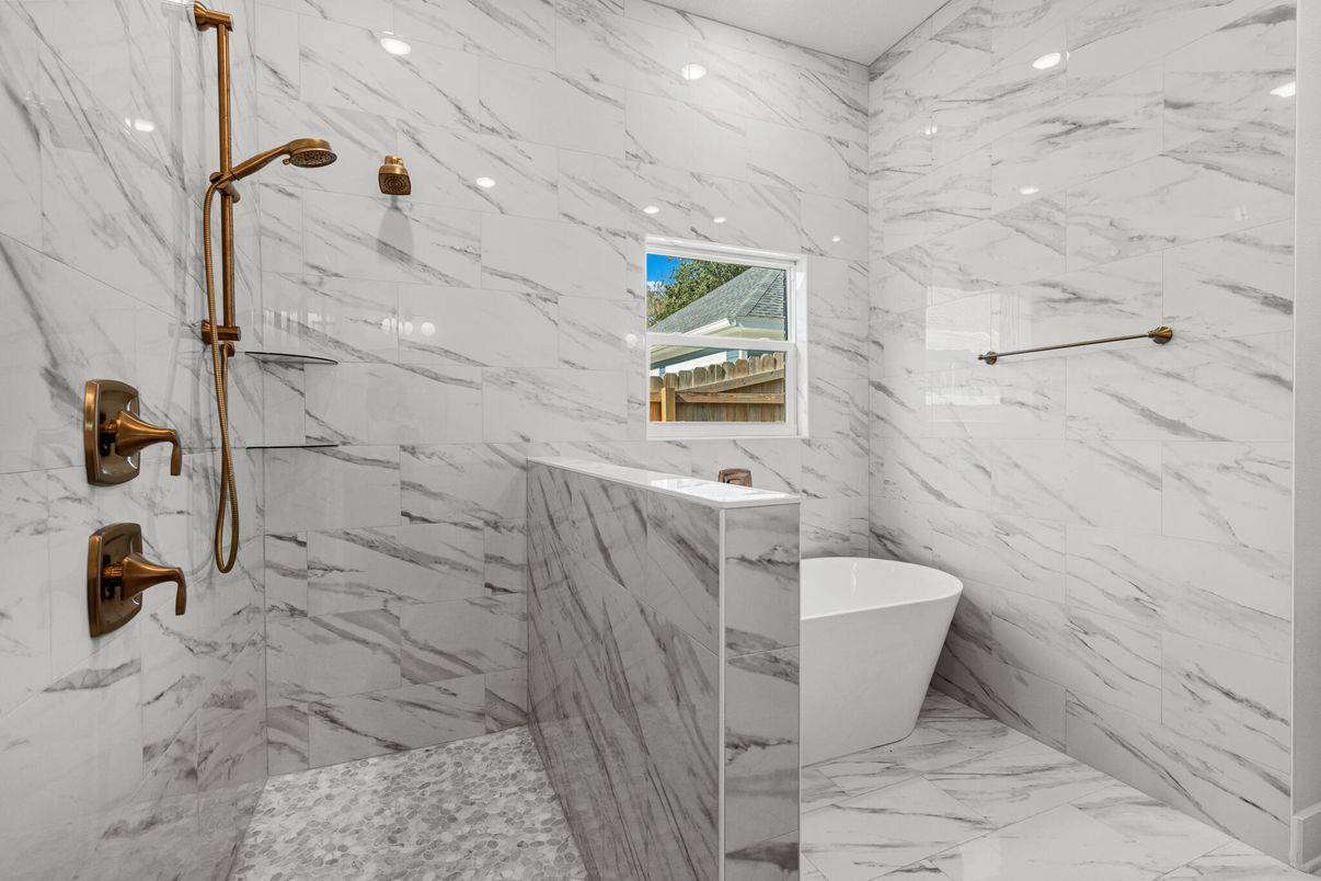Bathroom, Free Standing Baths, Interior, Marble, Marble Walls, Recessed Lighting