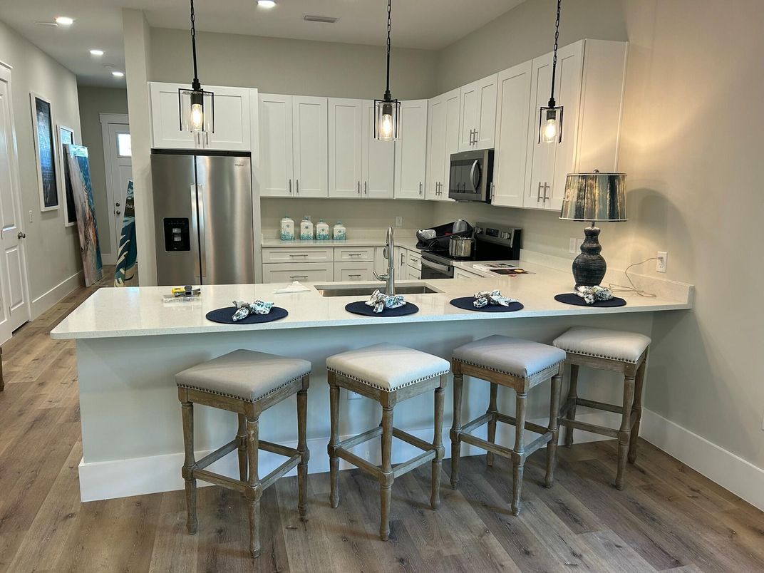 Interior, Kitchen, Pendant Lights, Recessed Lighting, Stainless Steel Appliances, Wood Texture Flooring