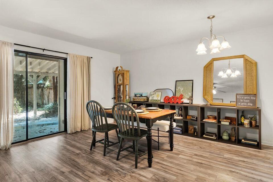Dining room, Interior, Pendant Lights, Wood Texture Flooring