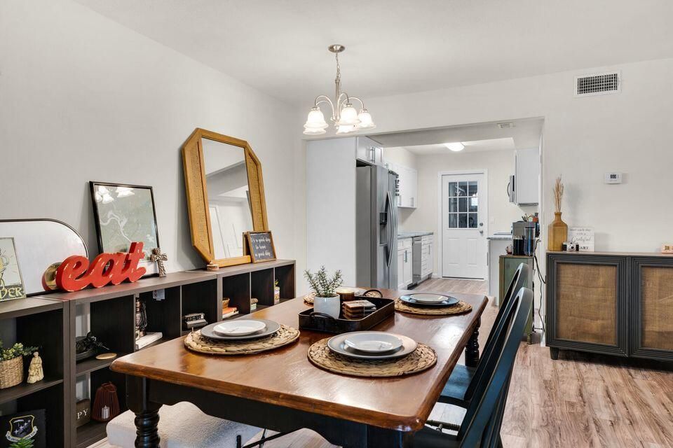 Dining room, Interior, Kitchen, Pendant Lights, Wood Texture Flooring