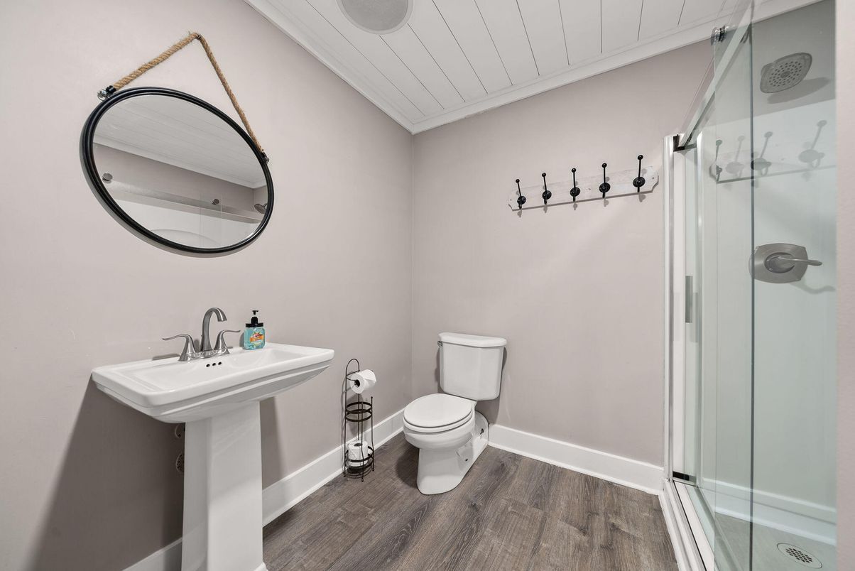 Bathroom, Glass Shower, Interior, Wood Texture Flooring