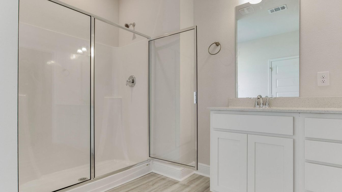 Bathroom, Glass Shower, Interior, Wood Texture Flooring