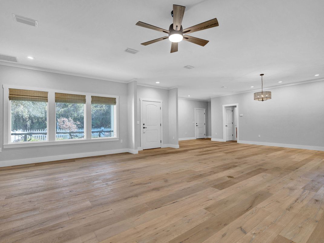 Empty room, Interior, Pendant Lights, Recessed Lighting, Wood Texture Flooring