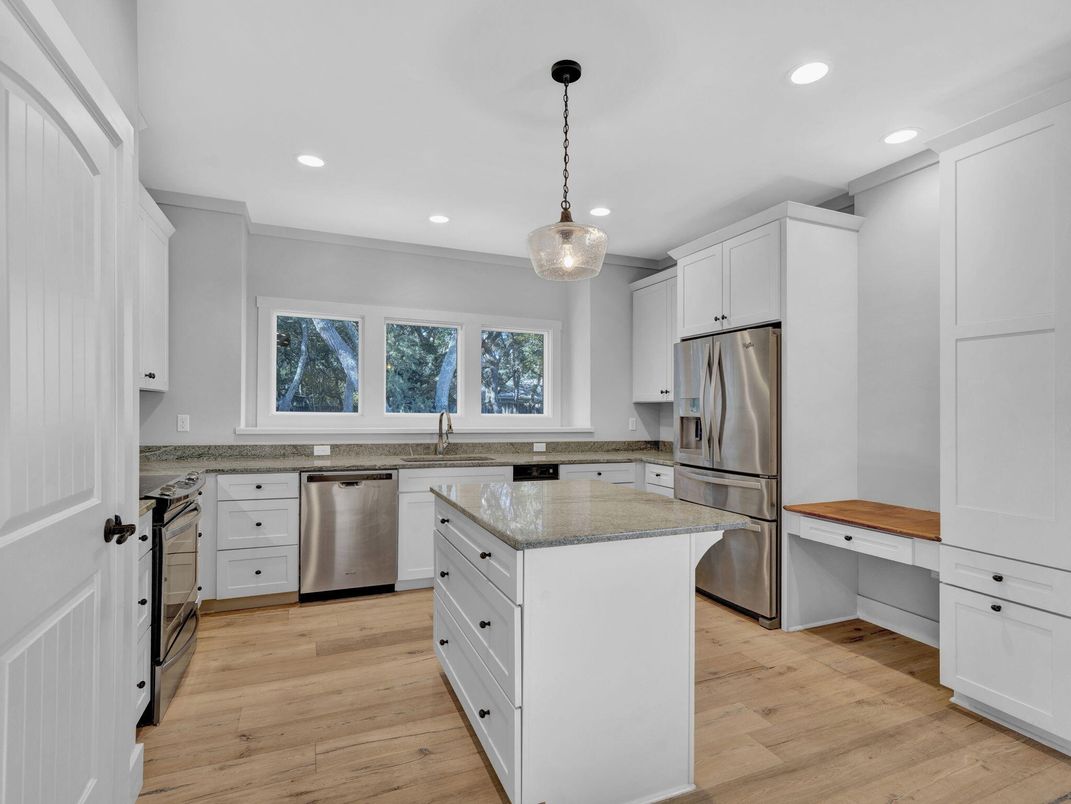 Interior, Kitchen, Pendant Lights, Recessed Lighting, Stainless Steel Appliances, Wood Texture Flooring