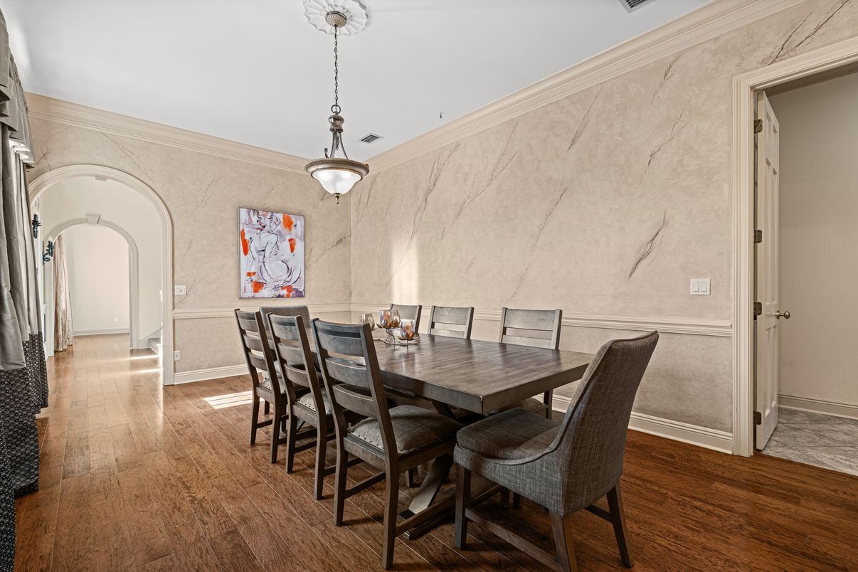 Dining room, Interior, Pendant Lights, Wood Texture Flooring