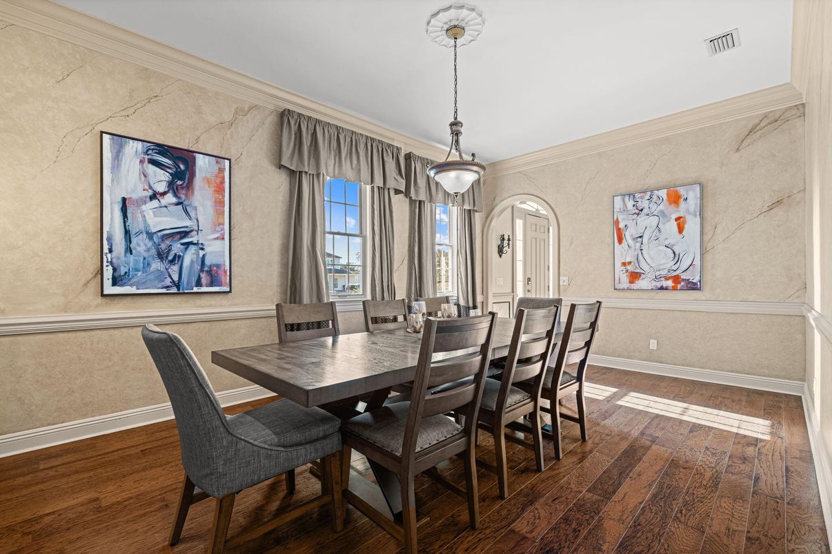 Dining room, Interior, Pendant Lights, Wood Texture Flooring
