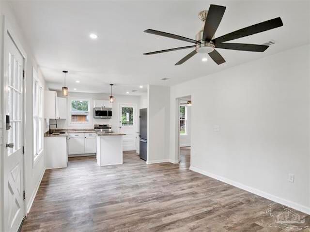 Interior, Kitchen, Pendant Lights, Recessed Lighting, Stainless Steel Appliances, Wood Texture Flooring