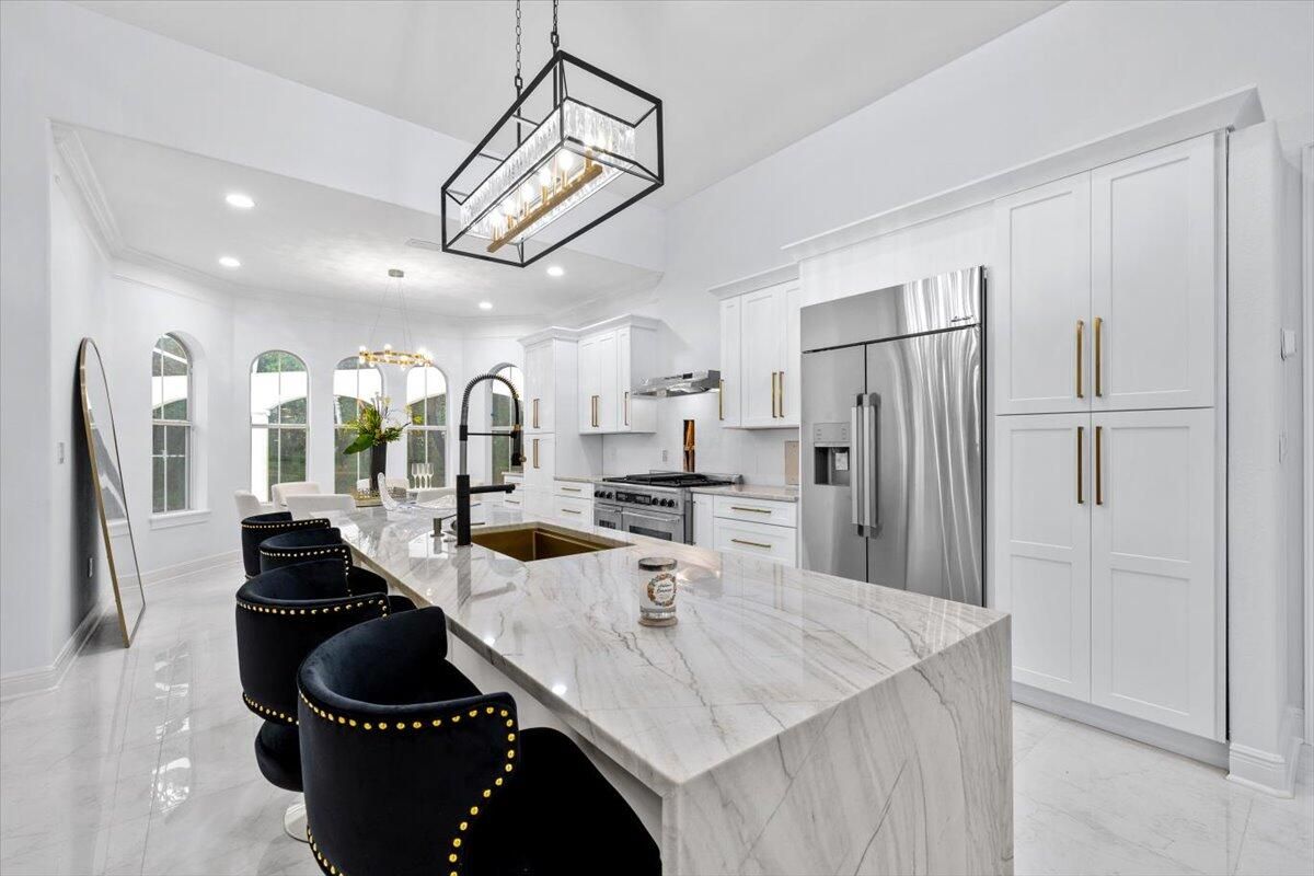 Interior, Kitchen, Marble, Pendant Lights, Recessed Lighting, Stainless Steel Appliances