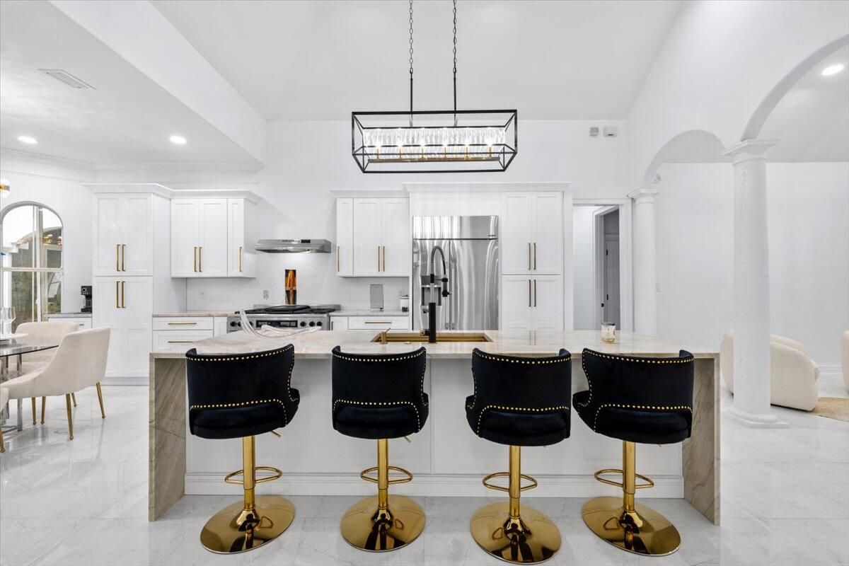 Interior, Kitchen, Marble, Pendant Lights, Recessed Lighting, Stainless Steel Appliances