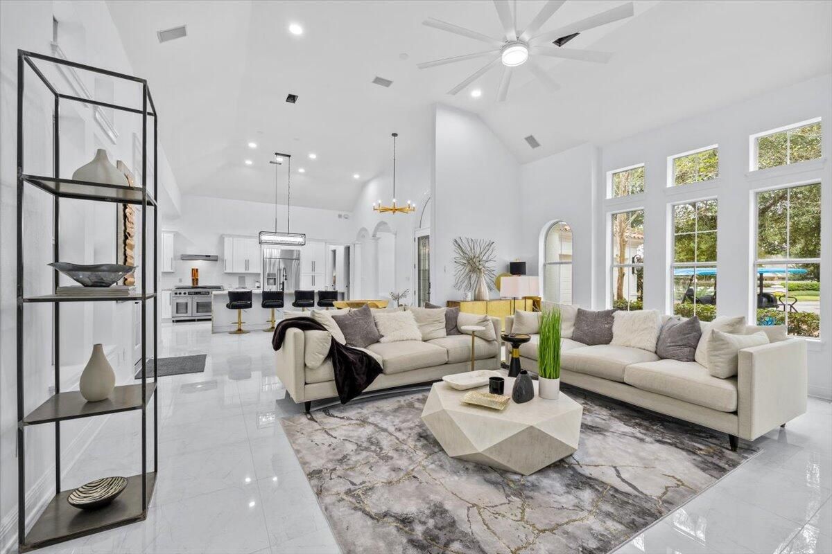 Interior, Kitchen, Living room, Marble, Pendant Lights, Recessed Lighting, Stainless Steel Appliances