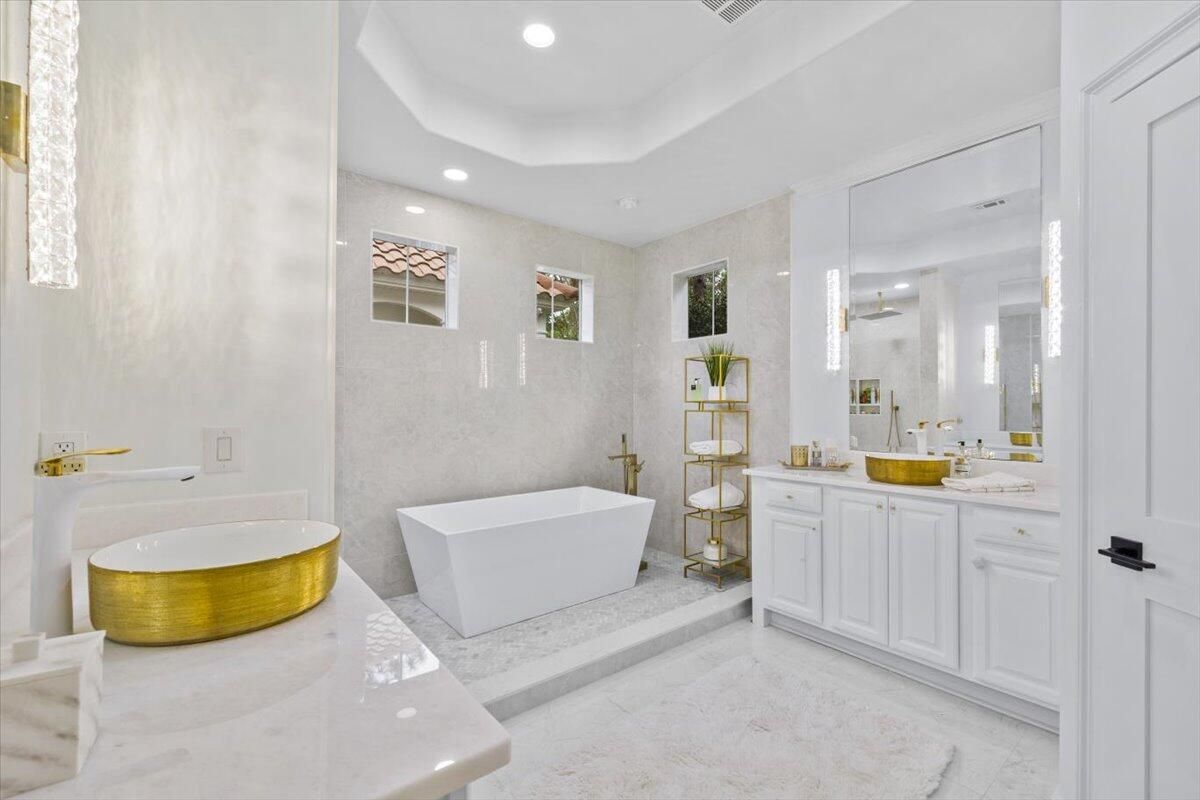 Bathroom, Dual Sink Vanities, Free Standing Baths, Interior, Marble, Recessed Lighting