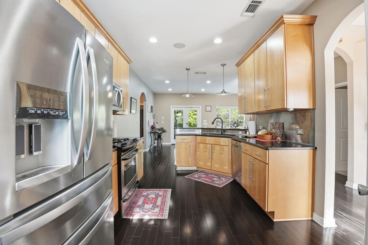 Interior, Kitchen, Pendant Lights, Recessed Lighting, Stainless Steel Appliances, Wood Texture Flooring