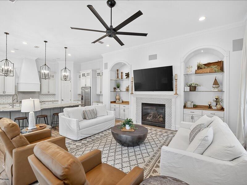 Fireplace, Interior, Kitchen, Living room, Pendant Lights, Recessed Lighting, Stainless Steel Appliances