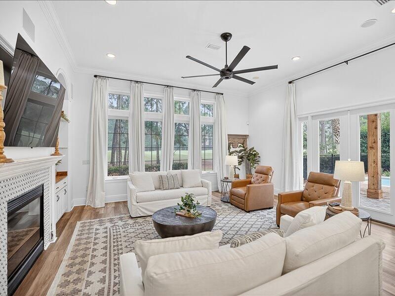 Fireplace, Interior, Living room, Recessed Lighting, Wood Texture Flooring