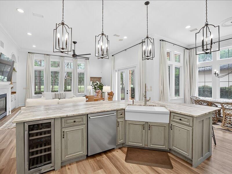 Fireplace, Interior, Kitchen, Living room, Pendant Lights, Recessed Lighting, Wood Texture Flooring