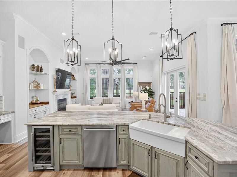 Fireplace, Interior, Kitchen, Living room, Pendant Lights, Recessed Lighting, Wood Texture Flooring