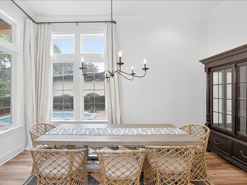 Chandelier, Dining room, Interior, Wood Texture Flooring