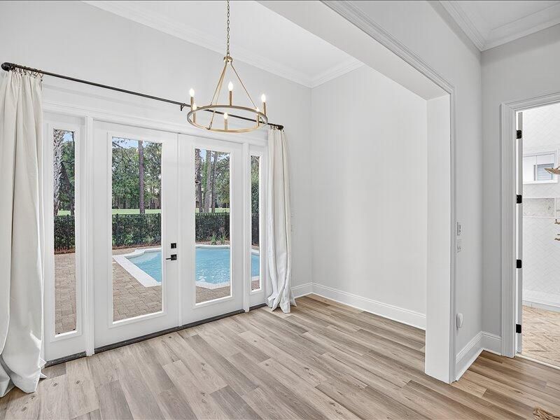 Chandelier, Empty room, Interior, Pendant Lights, Wood Texture Flooring