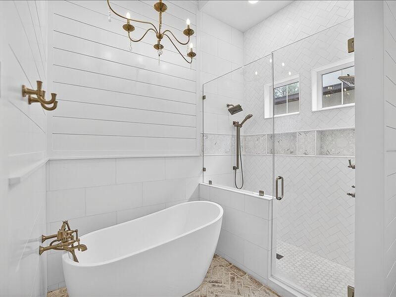 Bathroom, Free Standing Baths, Glass Shower, Interior, Marble Walls, Recessed Lighting