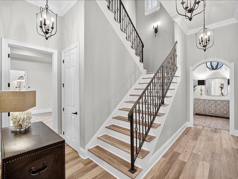 Bedroom, Chandelier, Interior, Pendant Lights, Wood Texture Flooring
