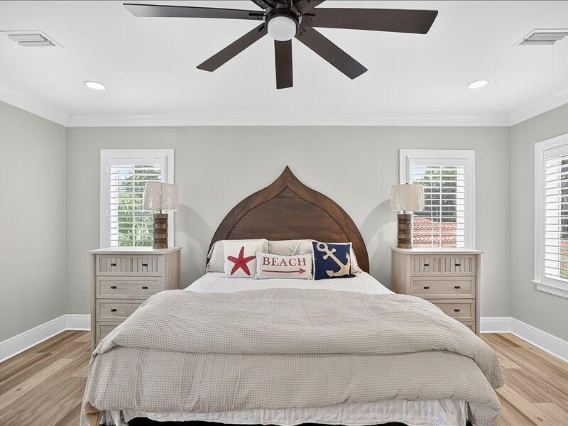 Bedroom, Interior, Recessed Lighting, Wood Texture Flooring