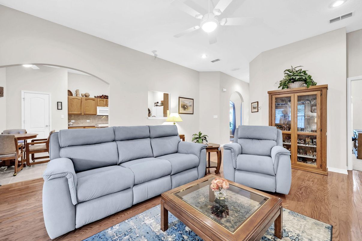 Dining room, Interior, Living room, Recessed Lighting, Wood Texture Flooring