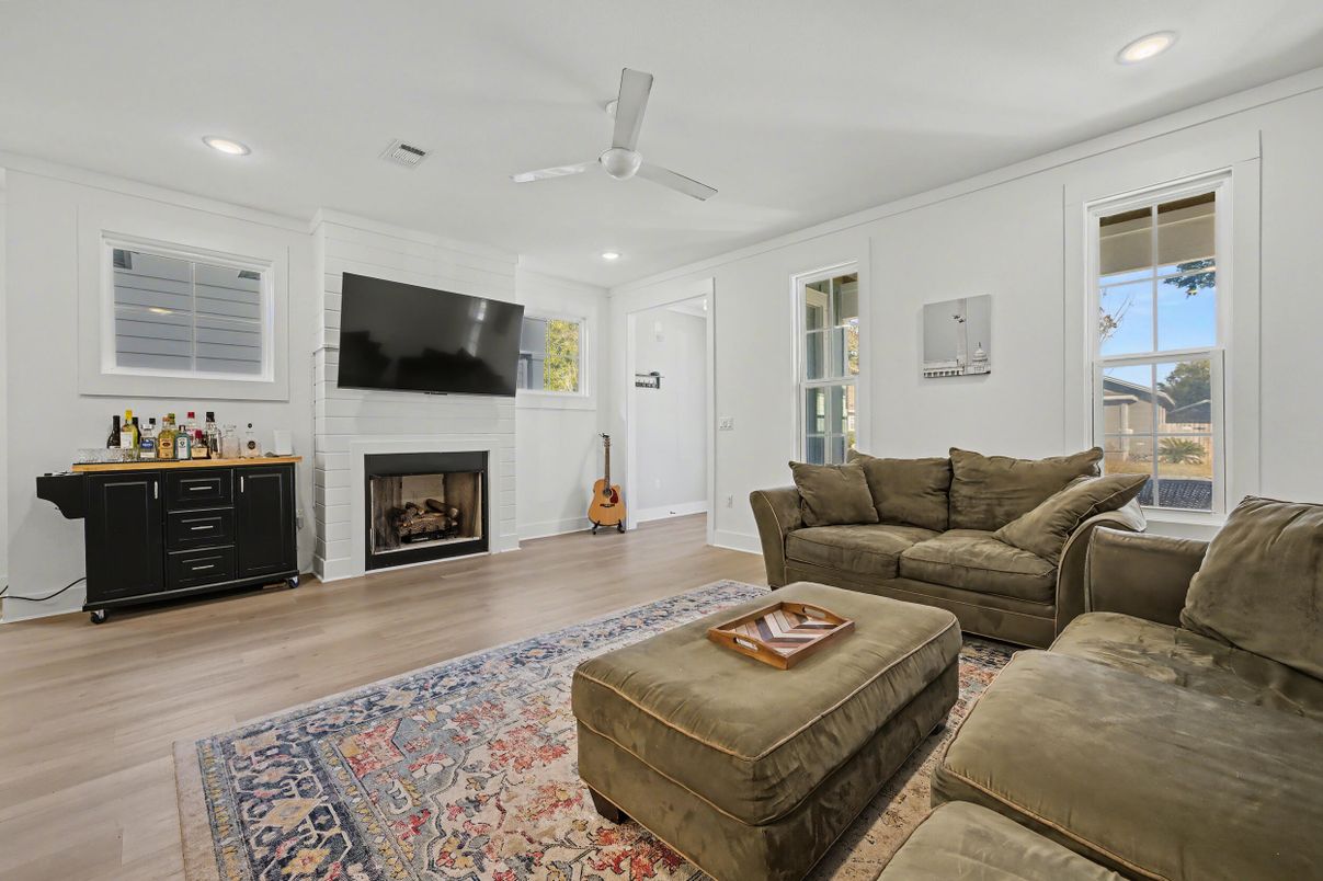 Fireplace, Interior, Living room, Recessed Lighting, Wood Texture Flooring