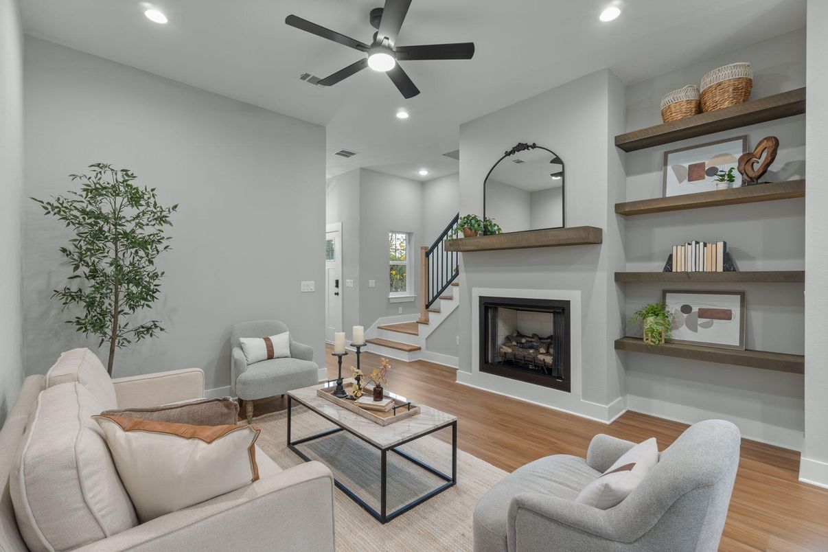 Fireplace, Interior, Living room, Recessed Lighting, Wood Texture Flooring