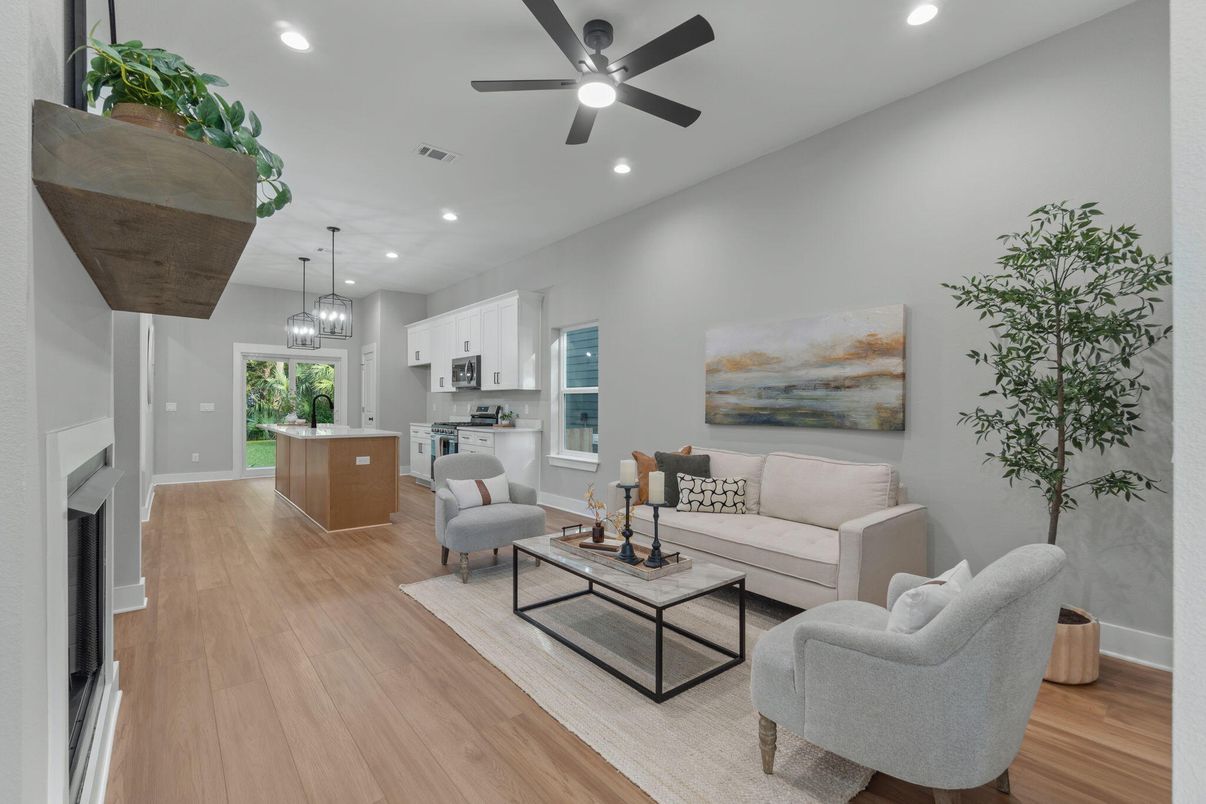 Interior, Kitchen, Living room, Pendant Lights, Recessed Lighting, Stainless Steel Appliances, Wood Texture Flooring