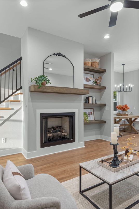 Chandelier, Dining room, Fireplace, Interior, Pendant Lights, Recessed Lighting, Wood Texture Flooring