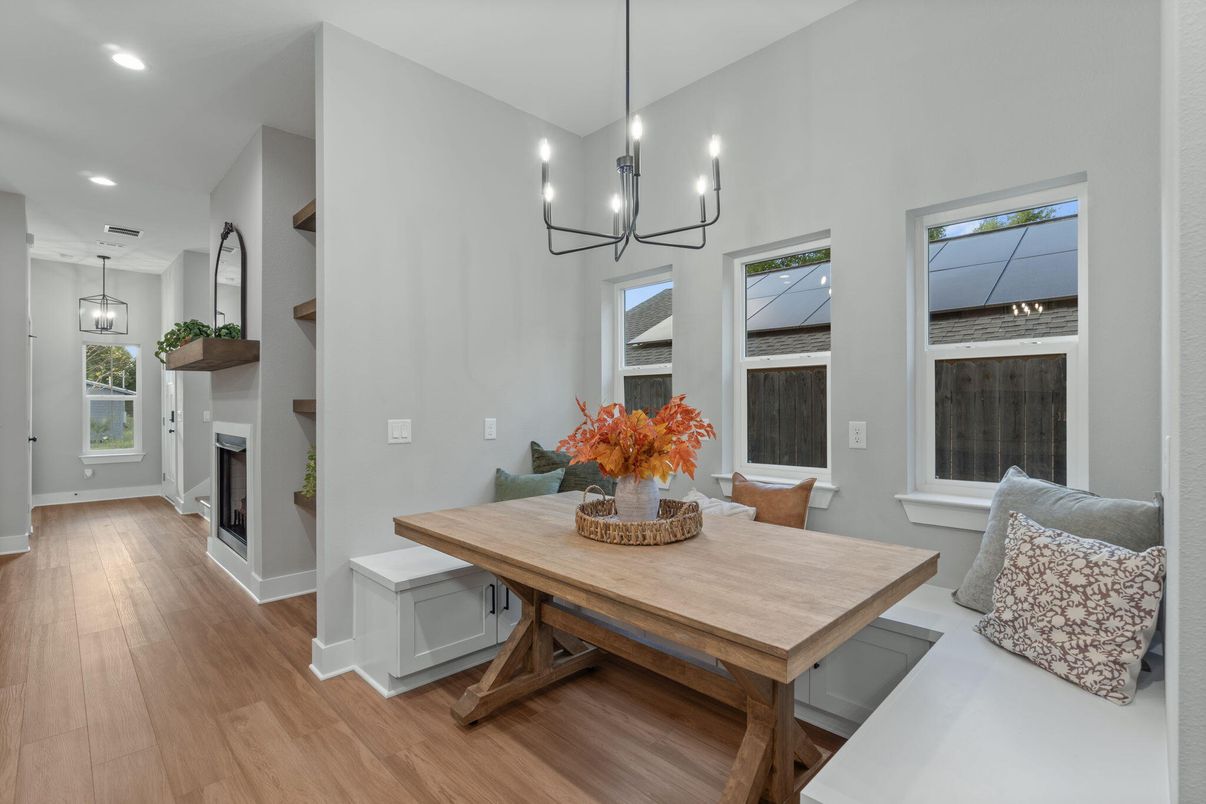 Chandelier, Dining room, Fireplace, Interior, Pendant Lights, Recessed Lighting, Wood Texture Flooring