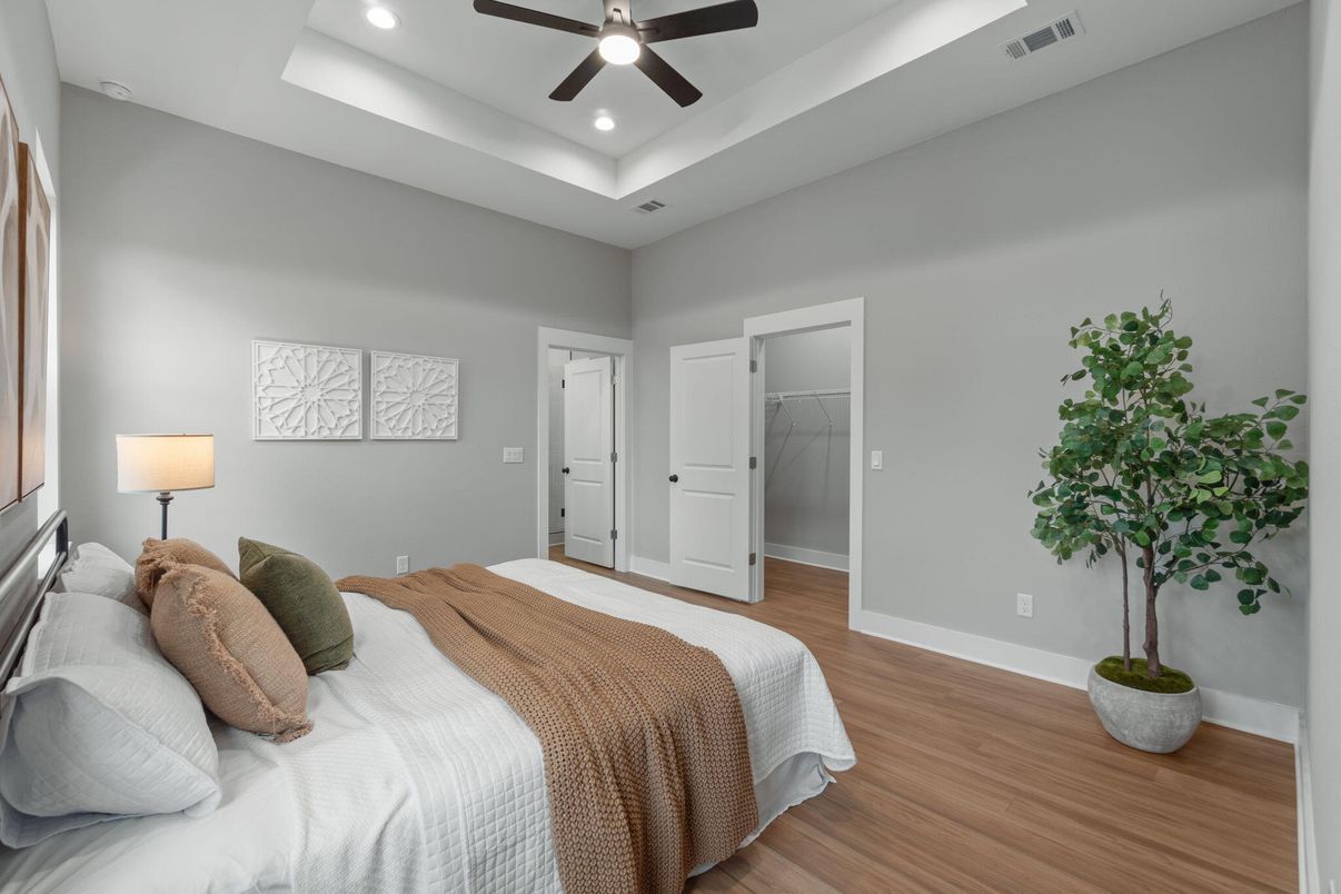 Bedroom, Interior, Recessed Lighting, Wood Texture Flooring