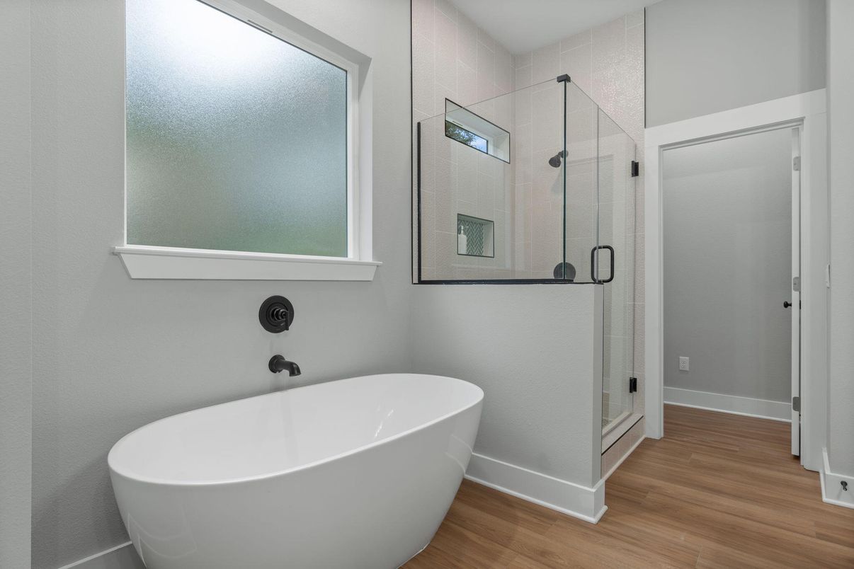 Bathroom, Free Standing Baths, Glass Shower, Interior, Wood Texture Flooring