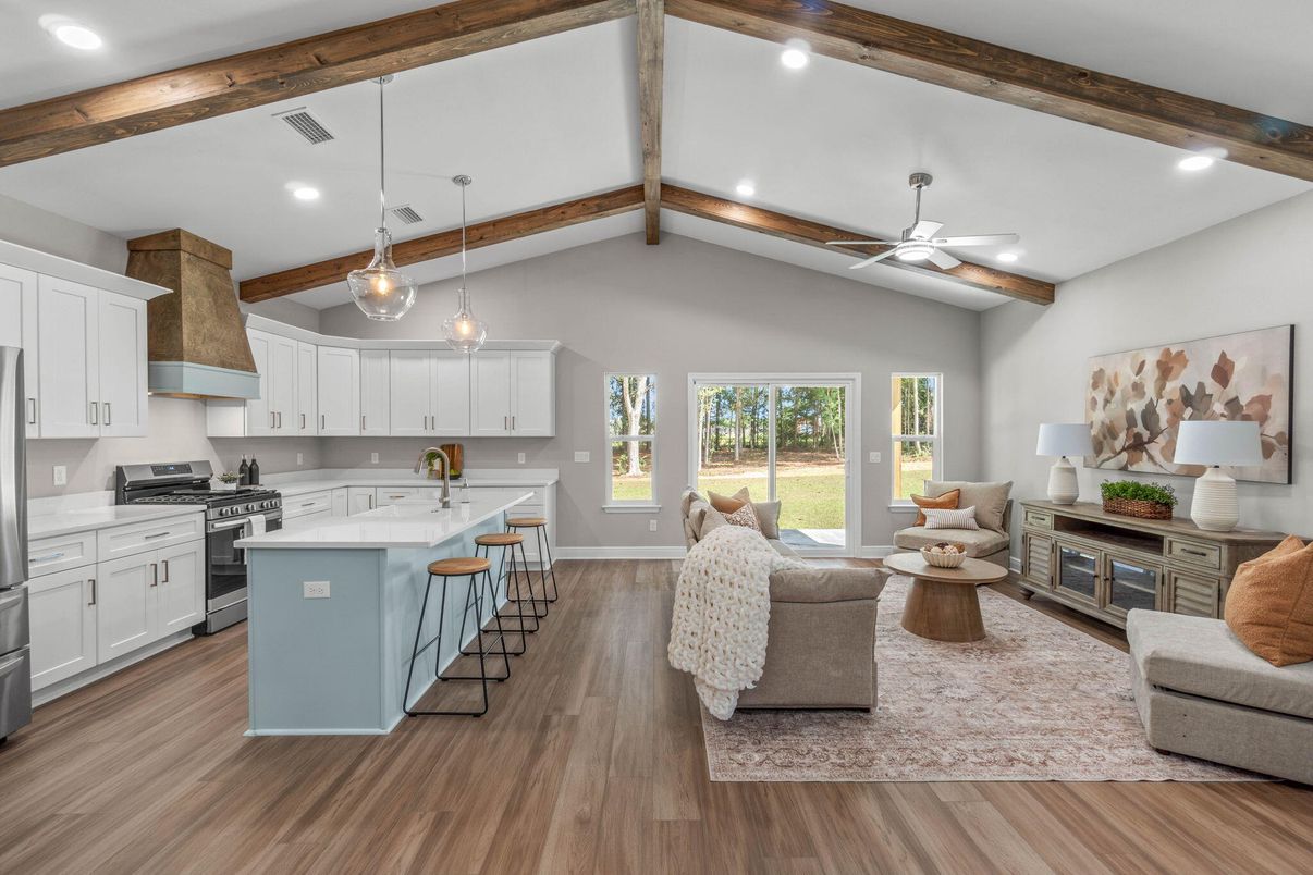 Interior, Kitchen, Living room, Pendant Lights, Recessed Lighting, Stainless Steel Appliances, Wooden Beams, Wood Texture Flooring