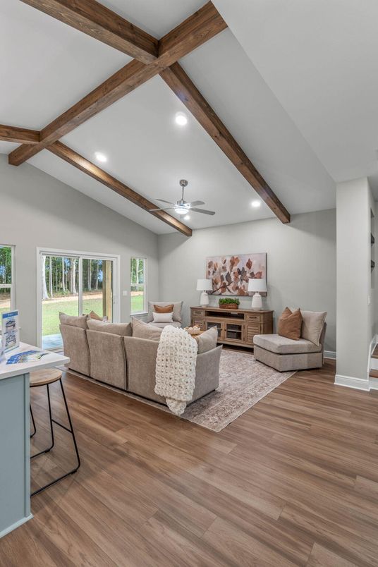 Fireplace, Interior, Living room, Recessed Lighting, Wooden Beams, Wood Texture Flooring