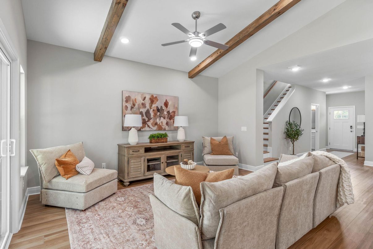 Interior, Living room, Recessed Lighting, Wooden Beams, Wood Texture Flooring