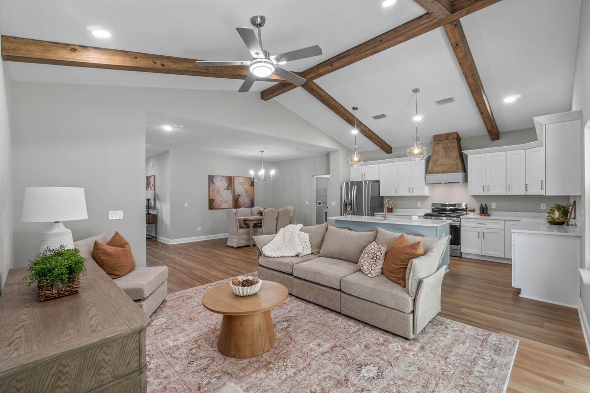 Chandelier, Dining room, Interior, Kitchen, Living room, Pendant Lights, Recessed Lighting, Stainless Steel Appliances, Wooden Beams, Wood Texture Flooring