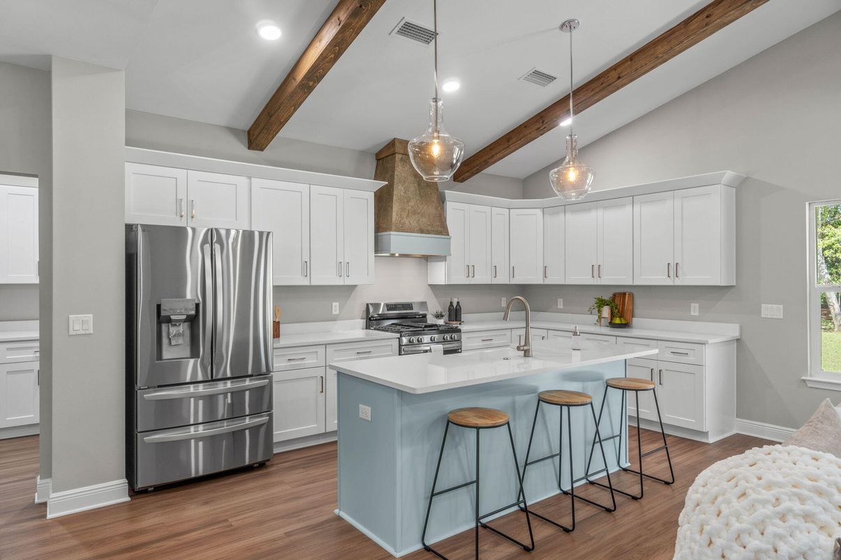 Interior, Kitchen, Pendant Lights, Recessed Lighting, Stainless Steel Appliances, Wooden Beams, Wood Texture Flooring