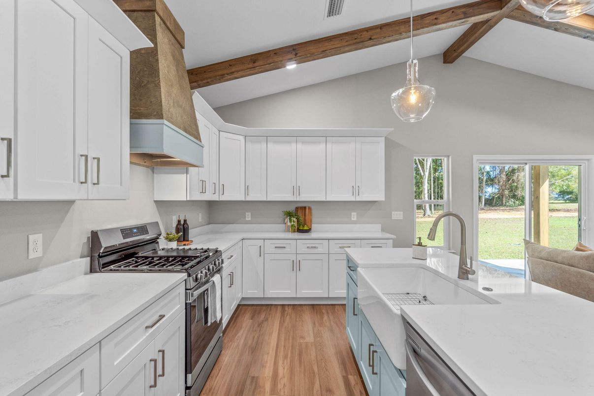 Interior, Kitchen, Pendant Lights, Recessed Lighting, Wooden Beams, Wood Texture Flooring