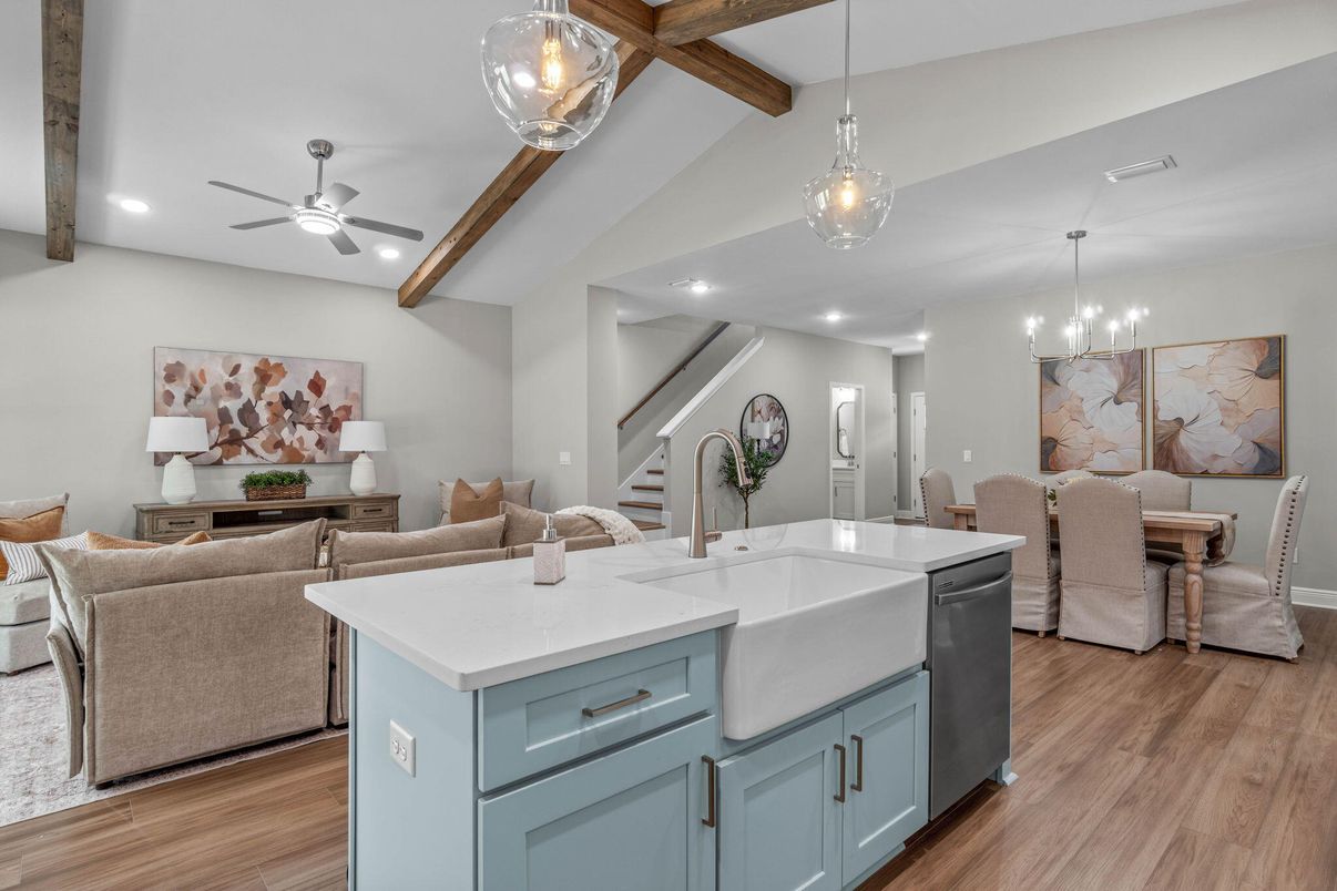 Dining room, Interior, Living room, Pendant Lights, Recessed Lighting, Wooden Beams, Wood Texture Flooring