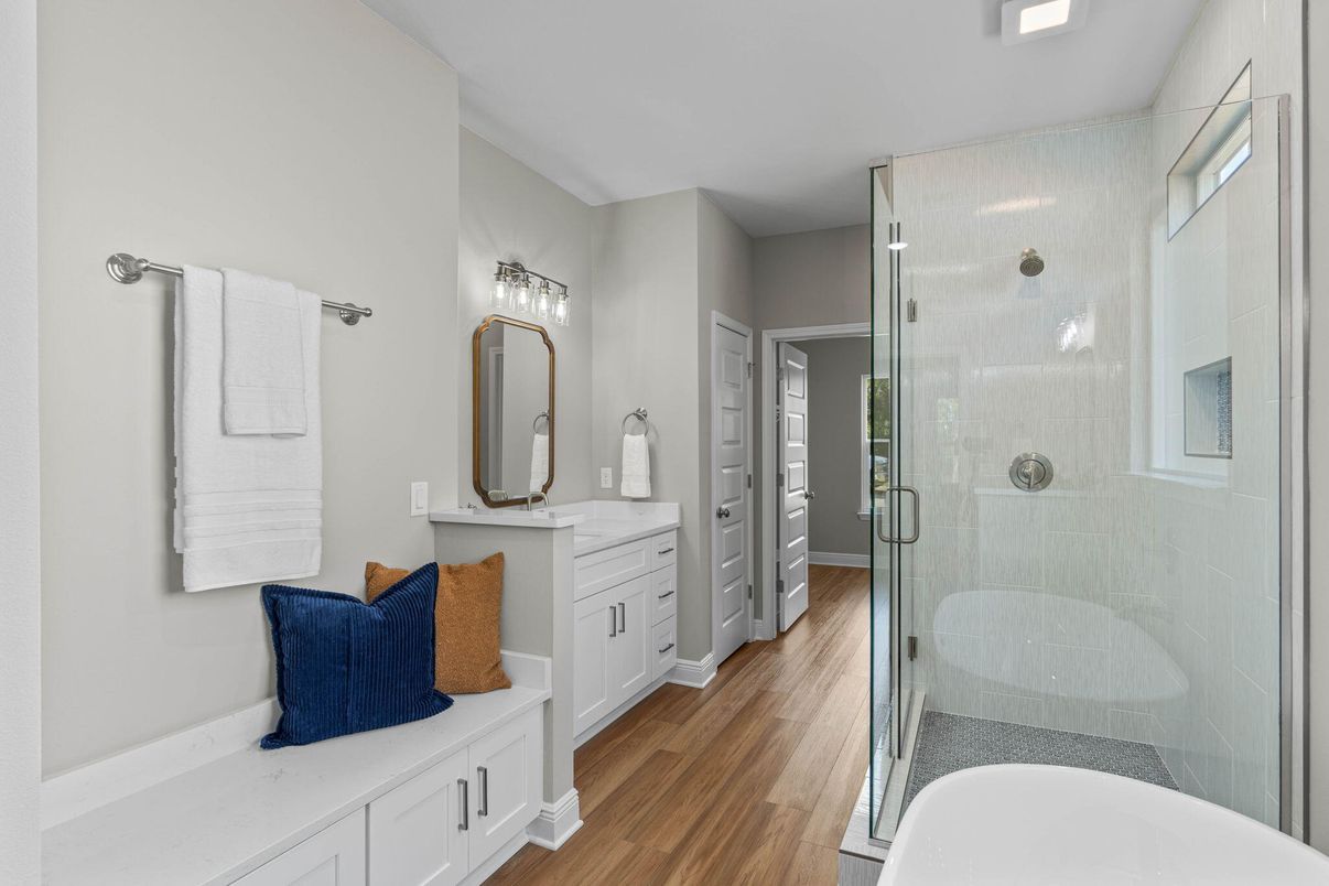 Bathroom, Glass Shower, Interior, Wood Texture Flooring