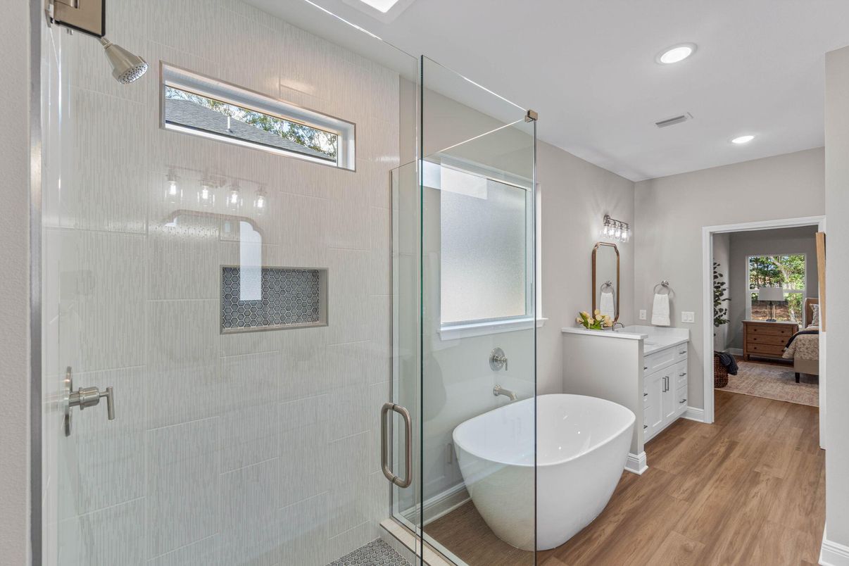 Bathroom, Dual Sink Vanities, Free Standing Baths, Glass Shower, Interior, Recessed Lighting, Wood Texture Flooring