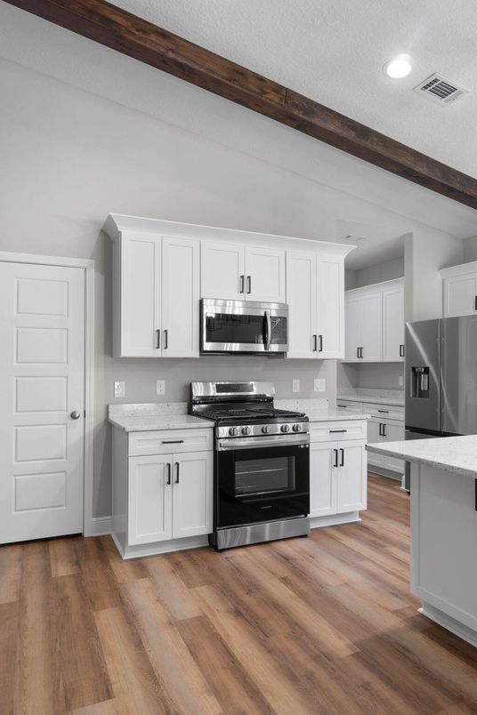 Interior, Kitchen, Recessed Lighting, Stainless Steel Appliances, Wood Texture Flooring