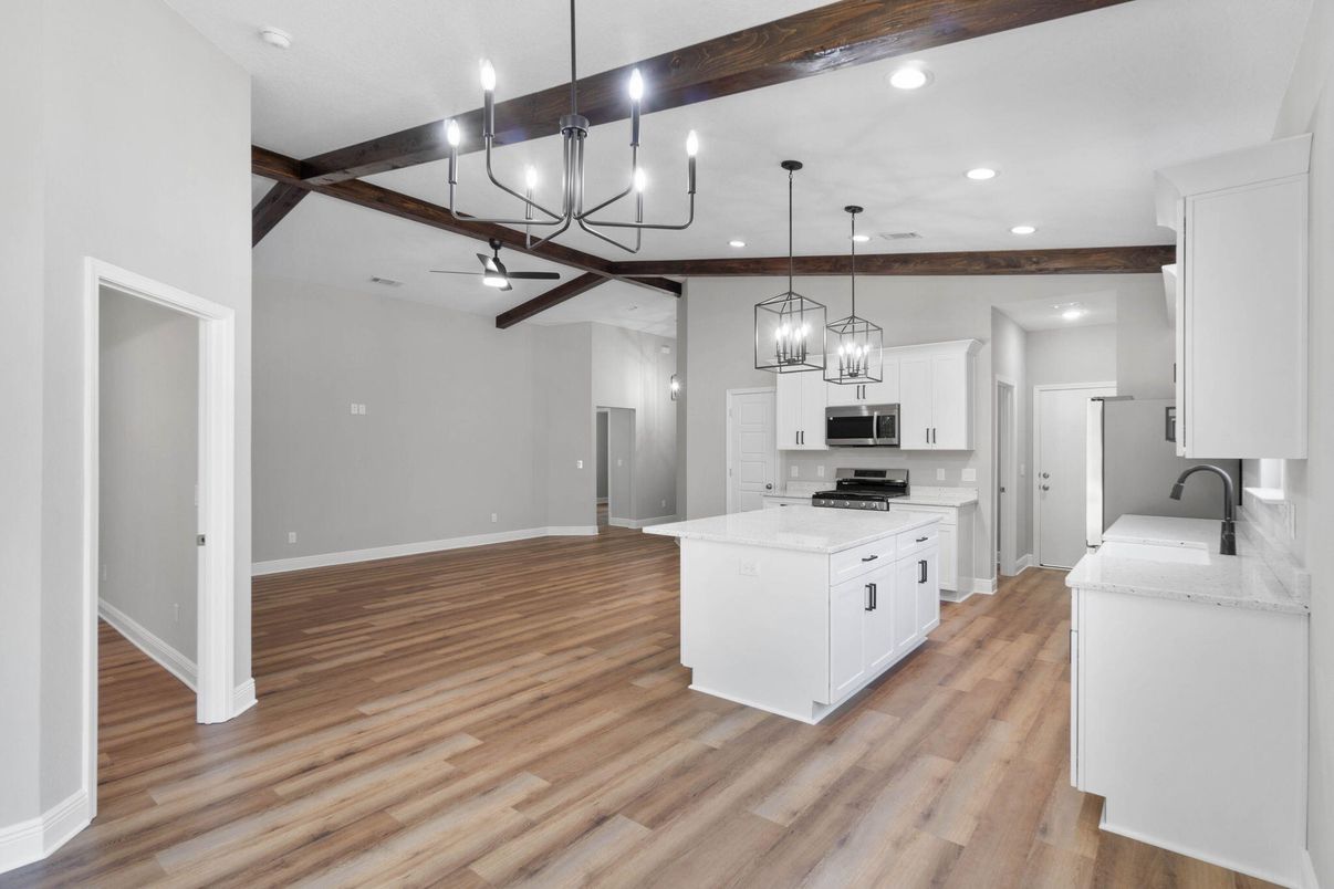 Chandelier, Interior, Kitchen, Pendant Lights, Recessed Lighting, Wooden Beams, Wood Texture Flooring