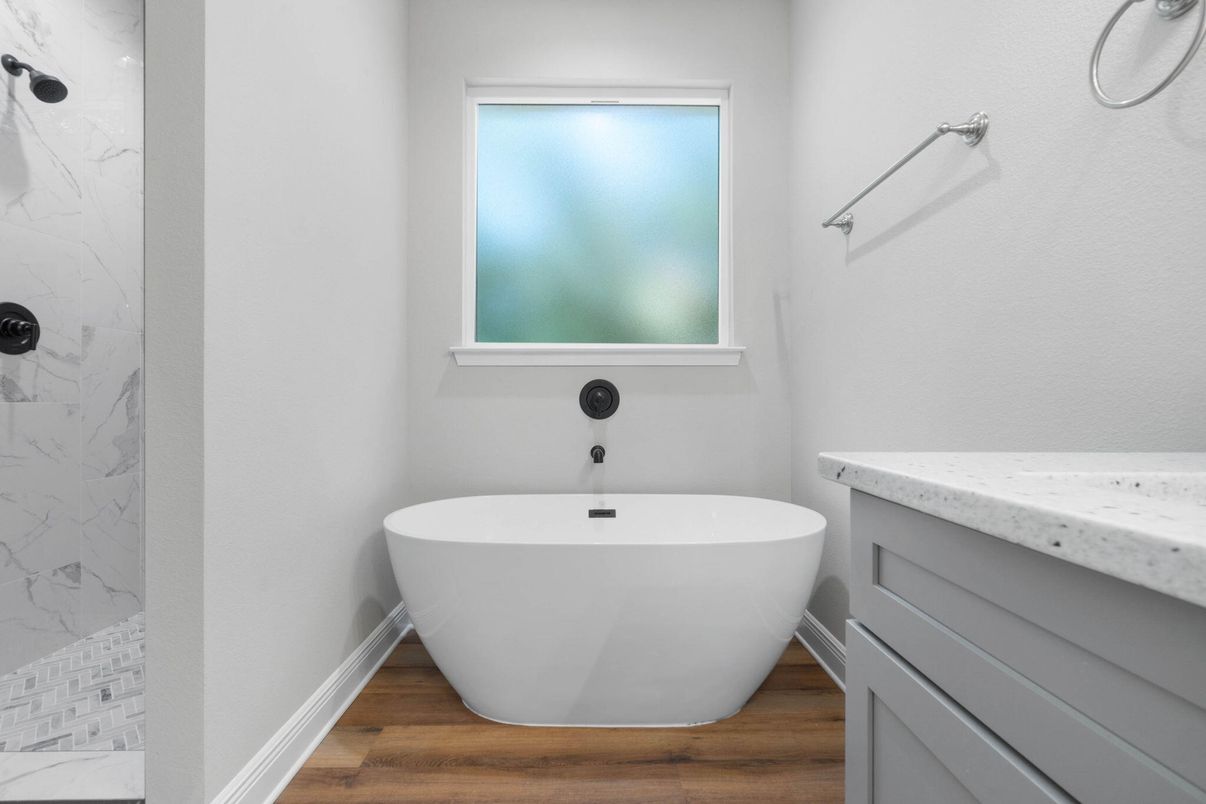 Bathroom, Free Standing Baths, Interior, Marble Walls, Wood Texture Flooring