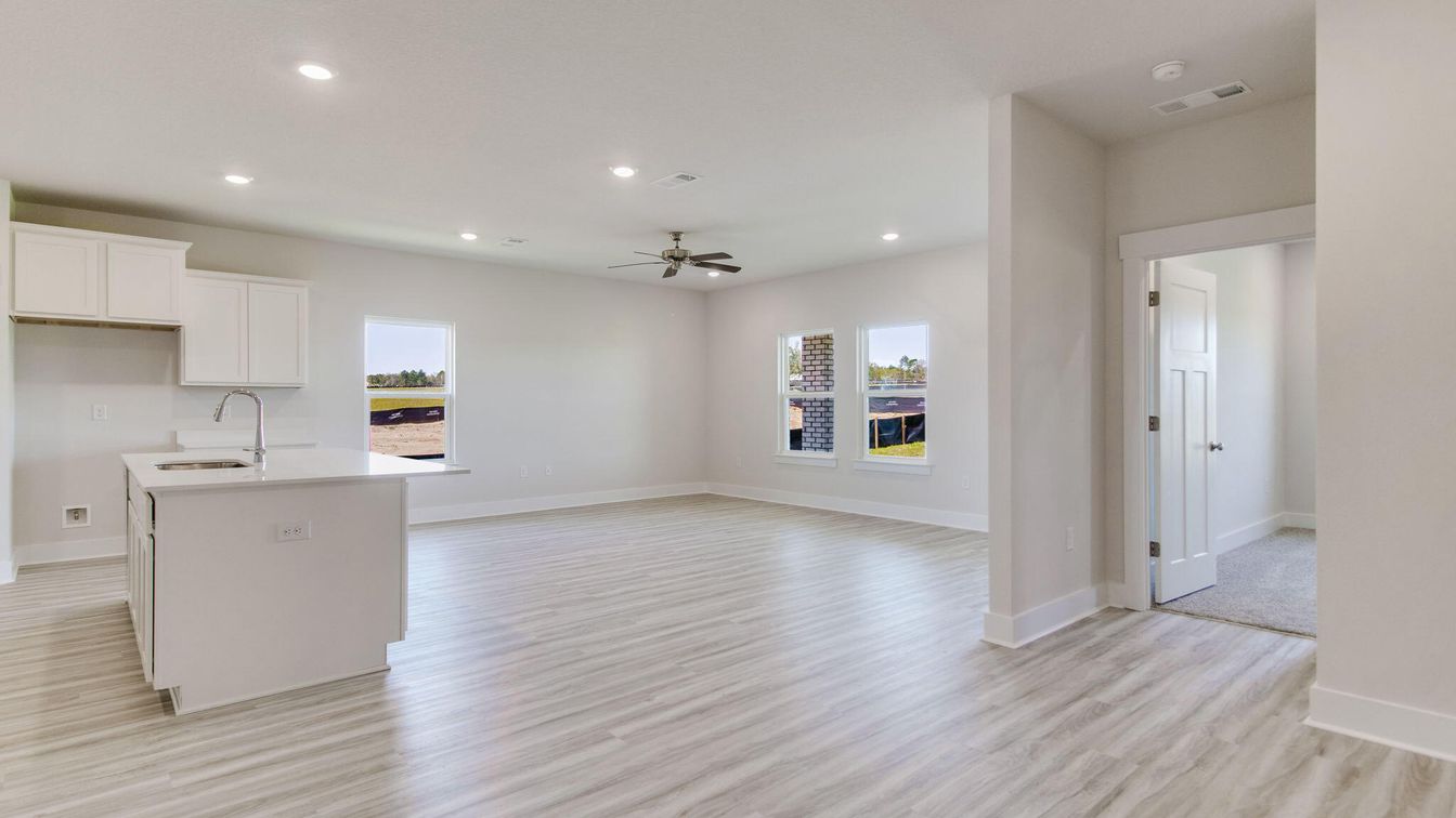 Empty room, Interior, Kitchen, Recessed Lighting, Wood Texture Flooring