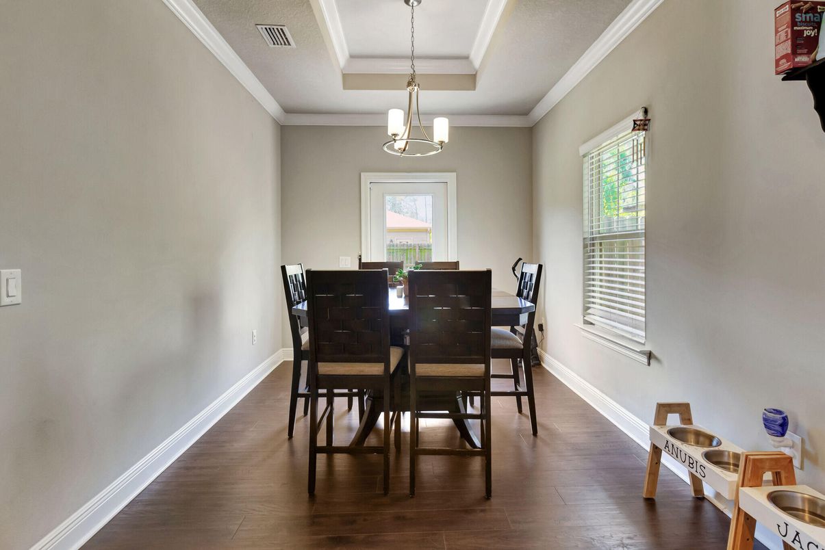 Dining room, Interior, Pendant Lights, Wood Texture Flooring