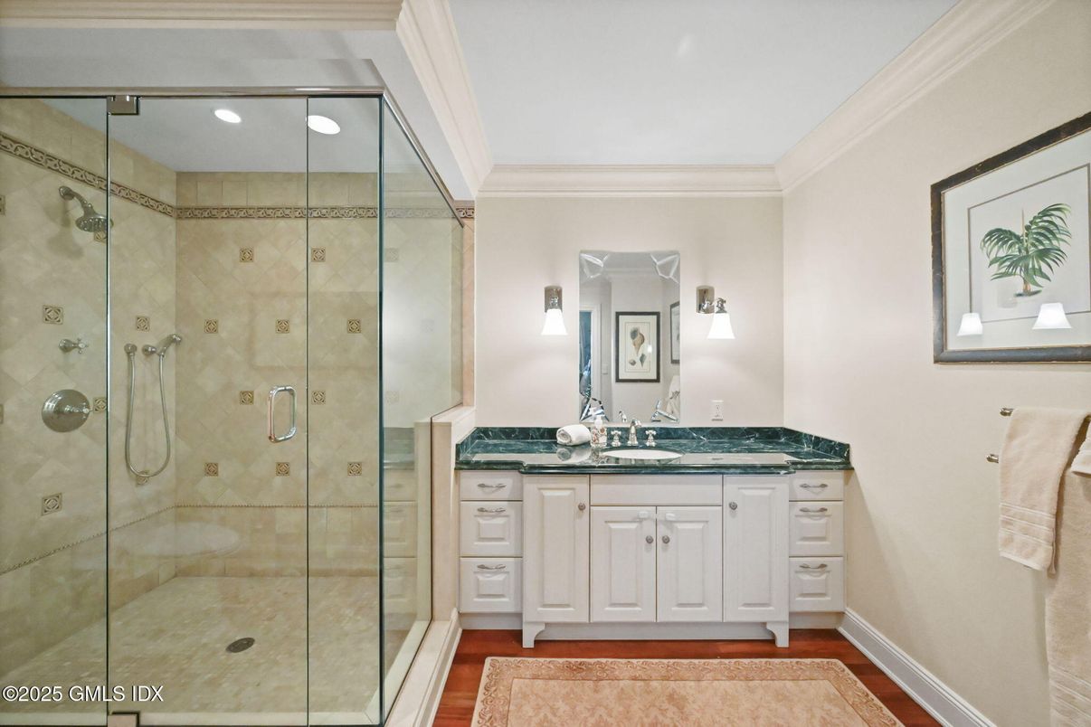 Bathroom, Glass Shower, Interior, Recessed Lighting, Wood Texture Flooring
