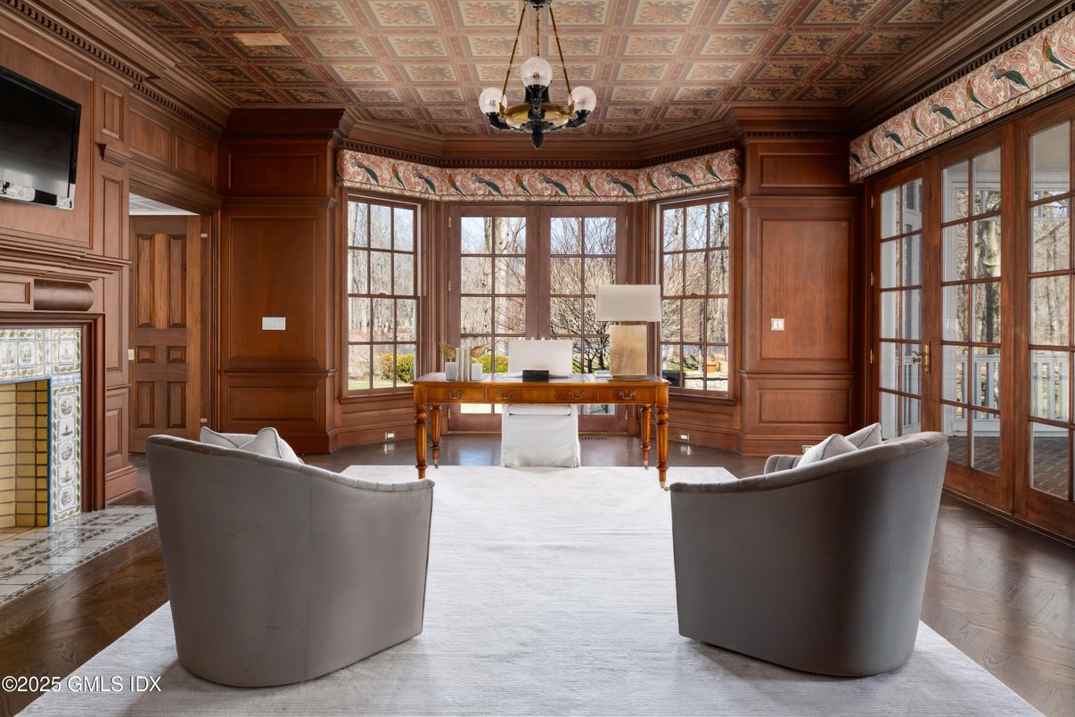 Chandelier, Home Office, Interior, Wood Texture Flooring, Wooden Walls