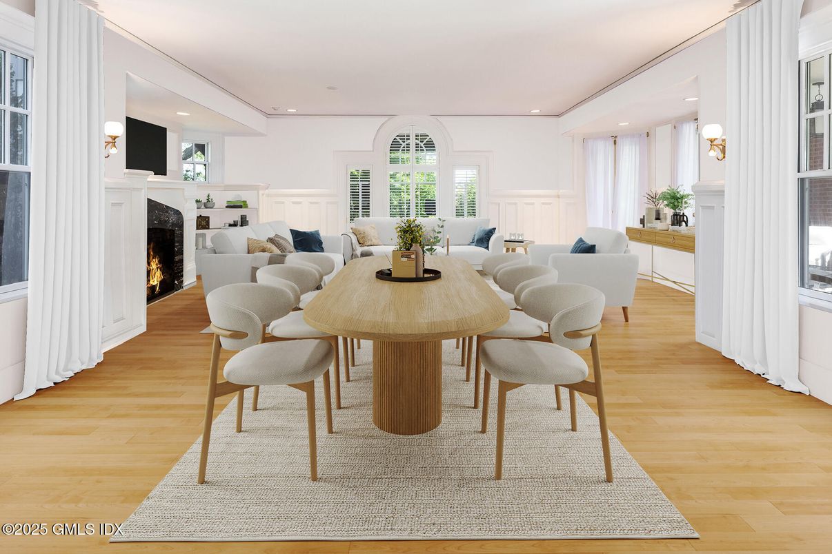 Dining room, Fireplace, Interior, Living room, Recessed Lighting, Wood Texture Flooring